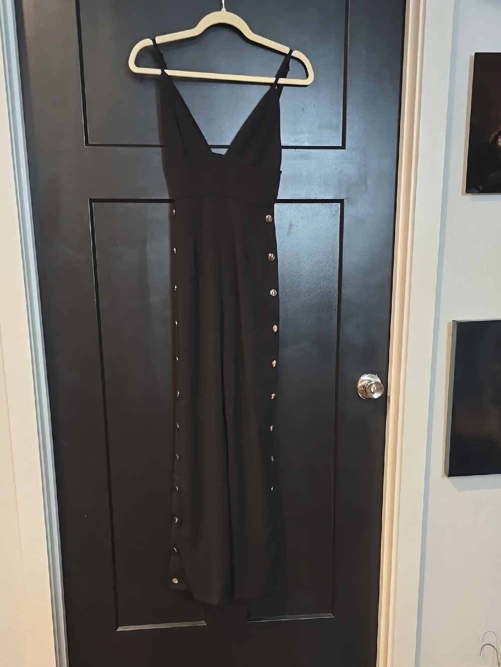 Black V-Neck Button-Trim jumpsuit, sz xxs